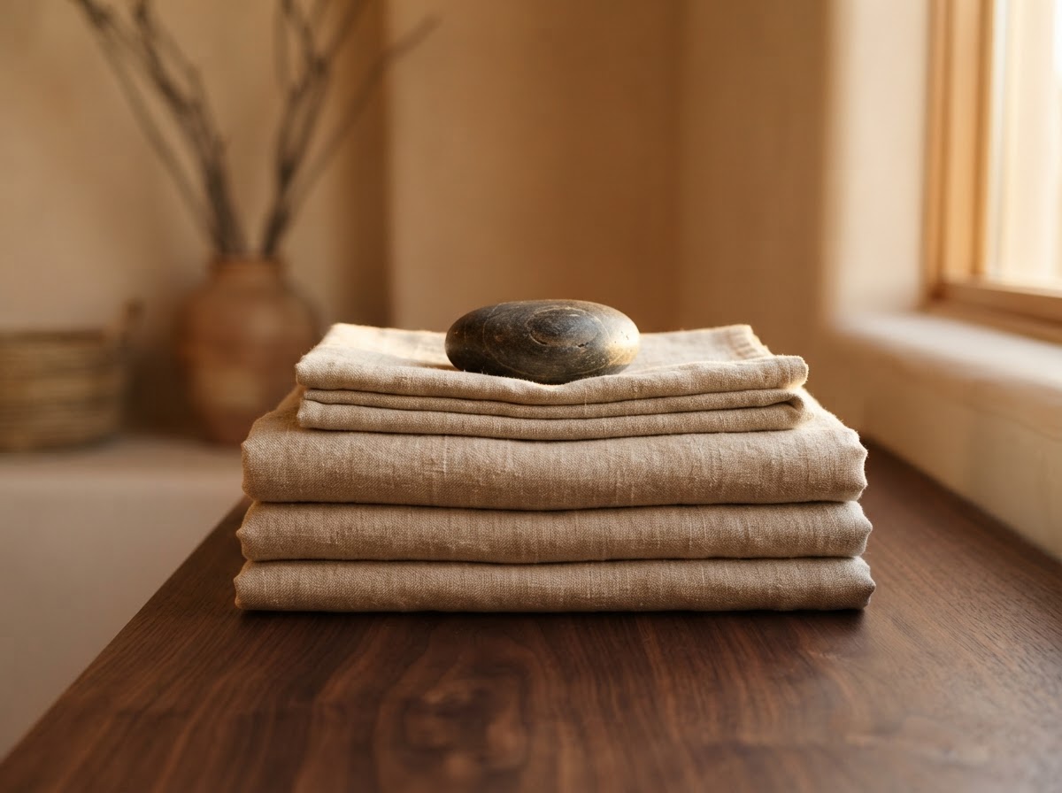 Folded linen and smooth stone on a dark wood surface