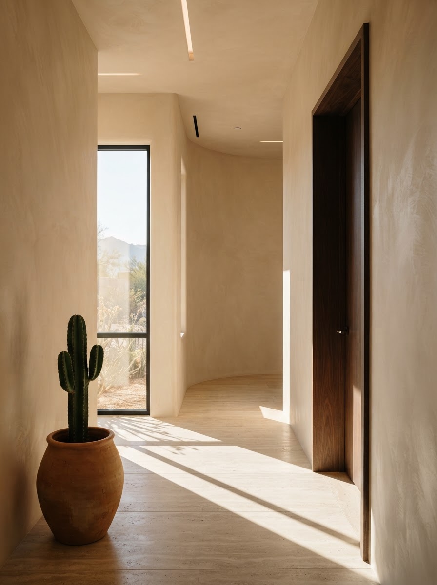 Calm wellness hallway with warm plaster walls and soft architectural shadows