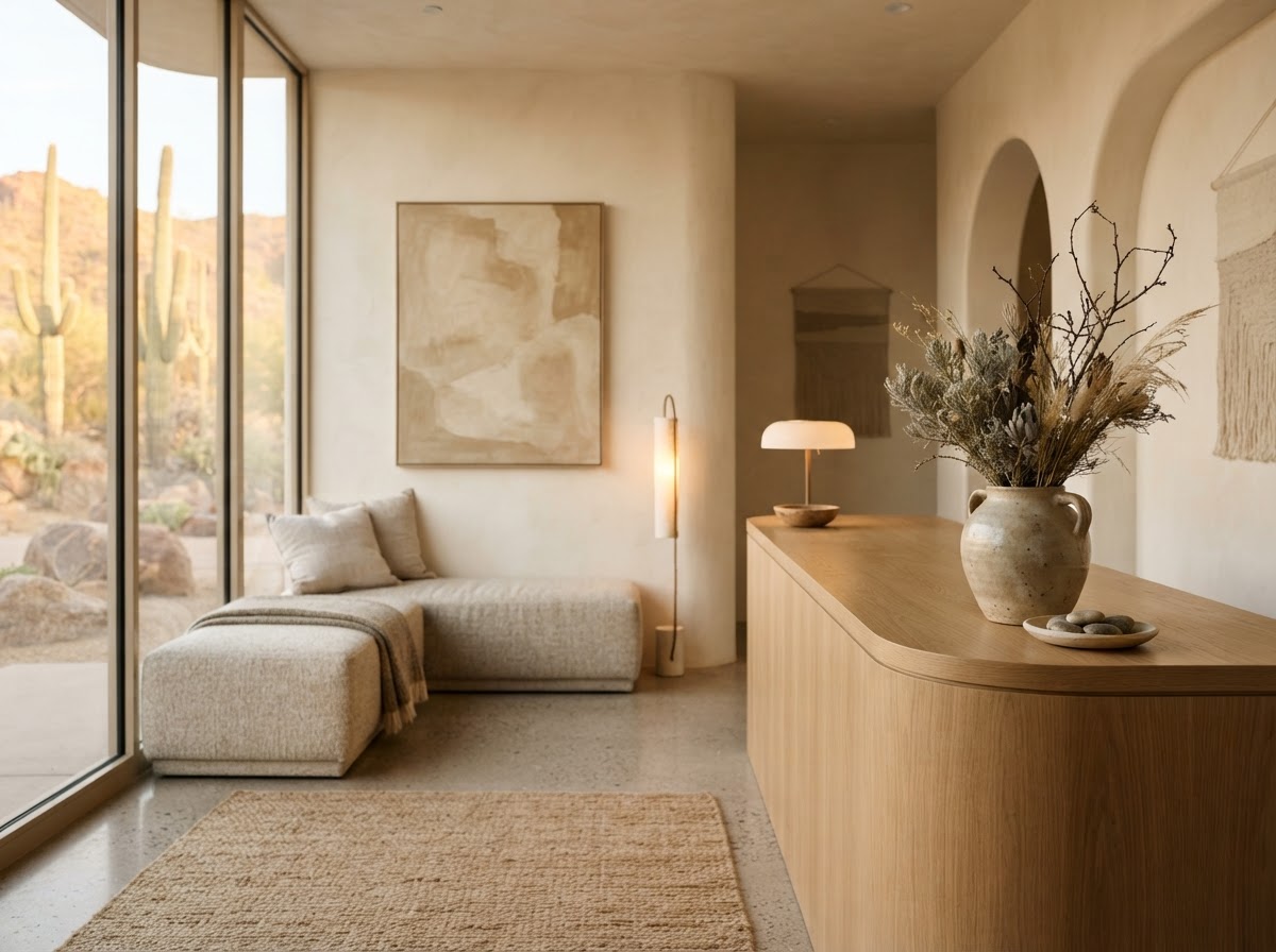 Minimalist wellness reception area with linen and natural light